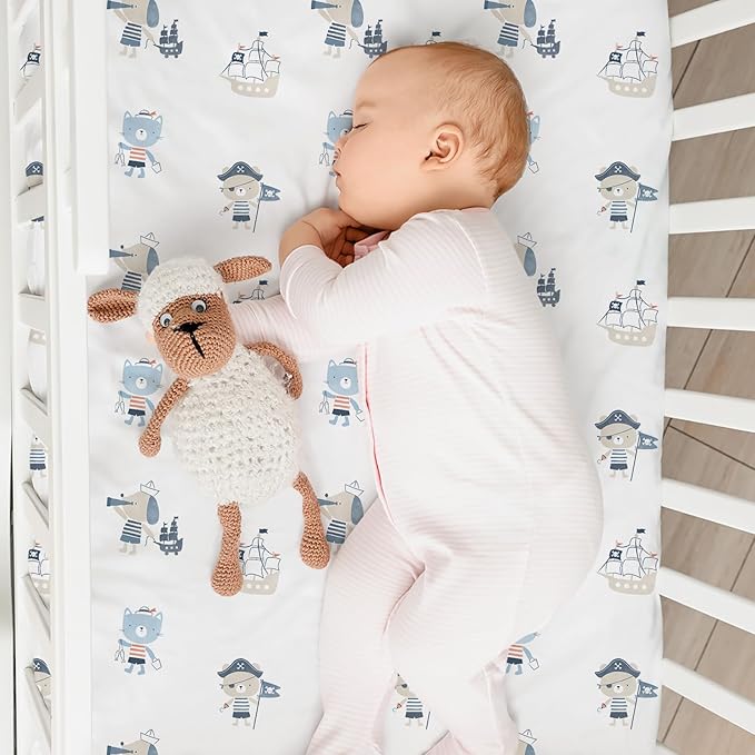 Nap Mat Sheet 47"x24", 3 Pack Blue Ocean Sailor Baby Crib Sheets Fitted Elastic - Image 2