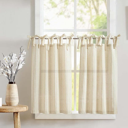 jinchan Tie Top Linen Kitchen Curtains 24 Inches Striped Tier Curtains by JINCHAN