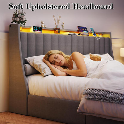 full size bed frame with upholstered storage headboard showing dimensions