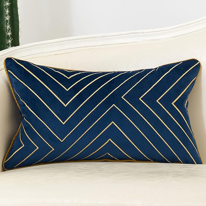 Avigers 12 x 20 Inch Navy Blue Gold Striped Geometric Lines Embroidery Velvet by Avigers