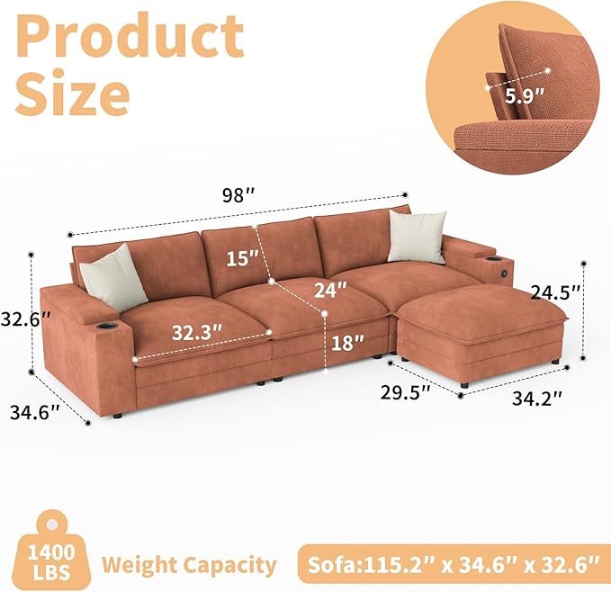 115" L Shaped Cloud Sofa Couch - Image 2
