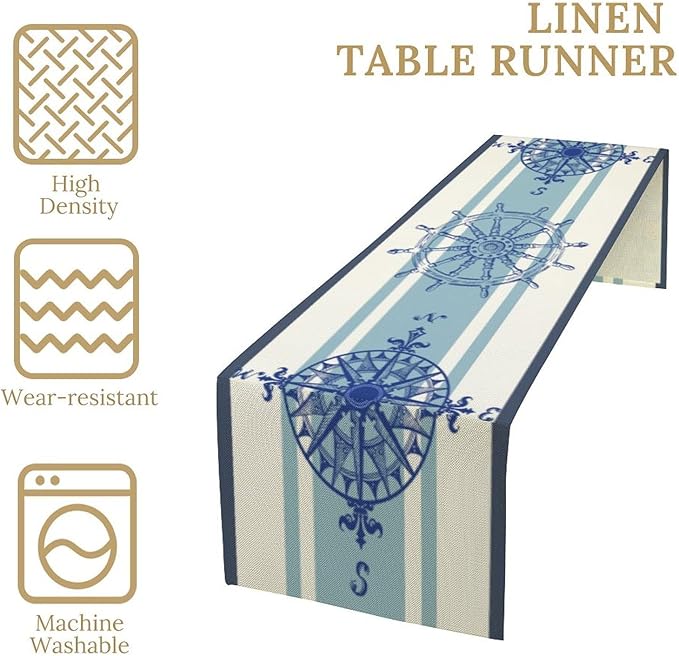 Nautical Compass Table Runner Vintage Navy Blue Striped Coastal Compass Spring - Image 4