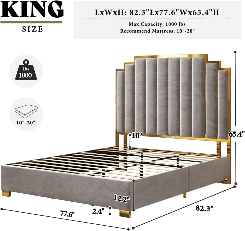AMERLIFE King Size Velvet Upholstered Bed with Gold Trim Headboard, Grey