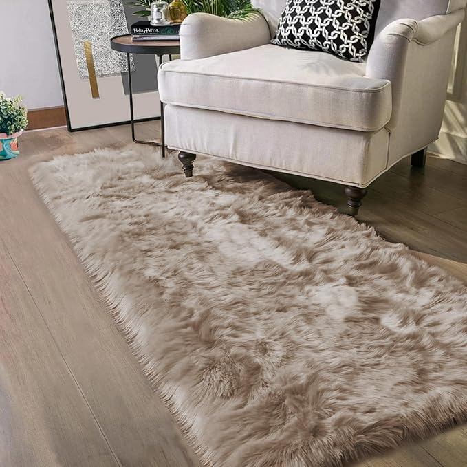 Latepis Brown Beige 2x5 Washable Small Rug Faux Sheepskin Fur Rug Fluffy Shag by Latepis