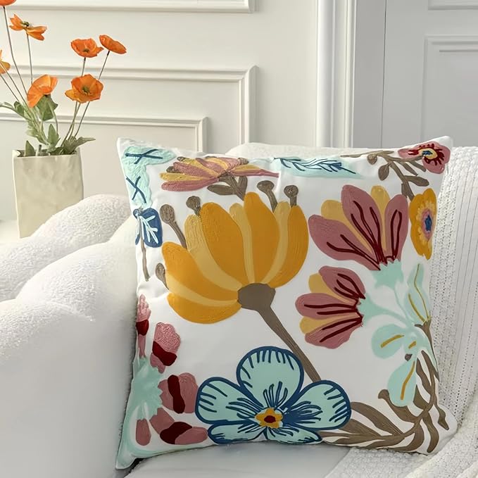18x18 Embroidered Throw Pillow Cover – White Pumpkin Blossom Cotton Decorative by EmbroideredLiving