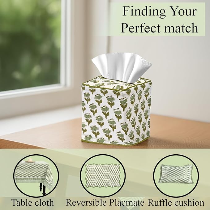CPC Emerald Green Hand Block Printed Cotton Tissue Box Cover 5" x 5" x 5.5" - Image 9