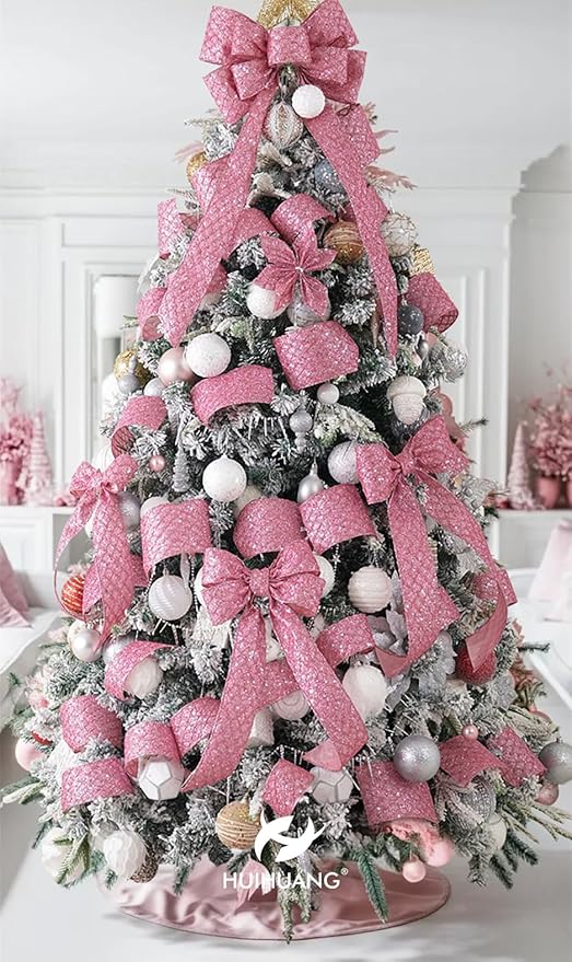 HUIHUANG Pink Wired Christmas Ribbon 4 inch Light Pink Glitter Wired Ribbon - Image 6