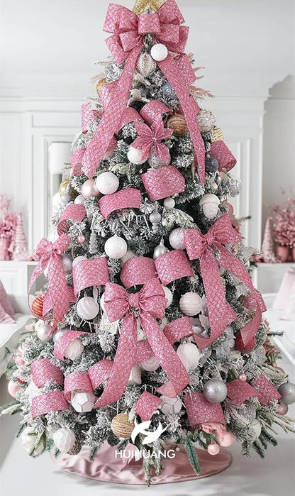 HUIHUANG Pink Wired Christmas Ribbon 4 inch Light Pink Glitter Wired Ribbon - Image 6