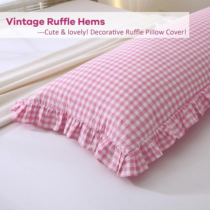 Pink White Plaid Ruffle Gingham Body Pillow Cover, 100% Washed Cotton Rustic - Image 4