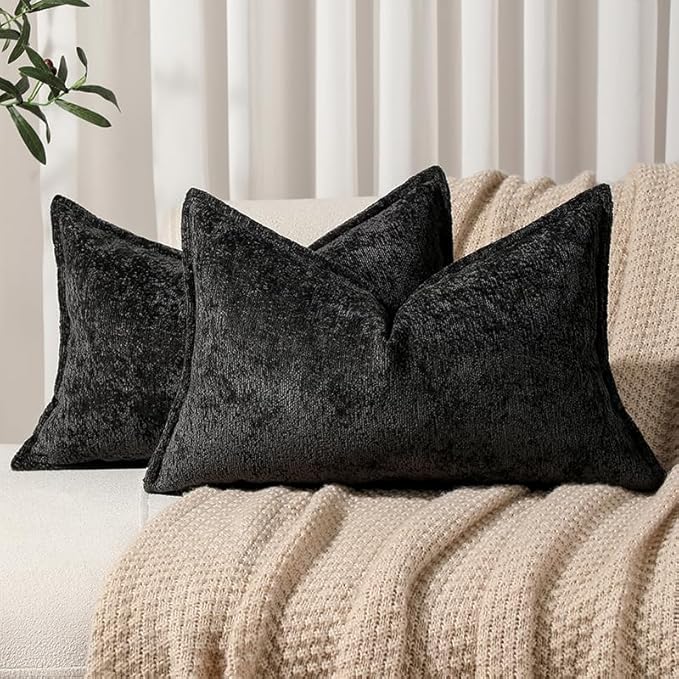 Pack of 2 Black Decorative Throw Pillow Covers 12x20 Cozy Soft Chenille Accent by DEZENE
