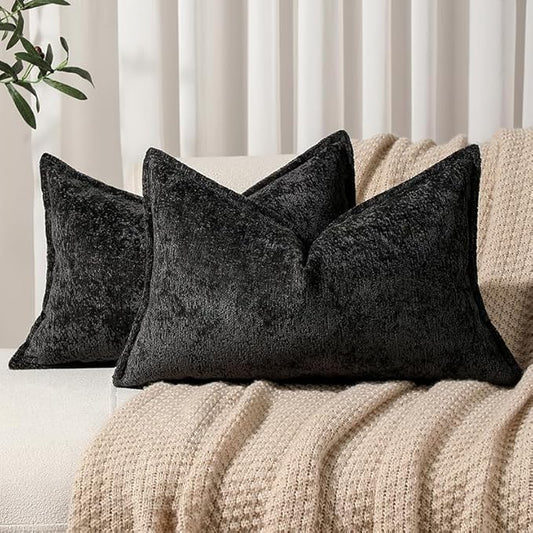 Pack of 2 Black Decorative Throw Pillow Covers 12x20 Cozy Soft Chenille Accent by DEZENE