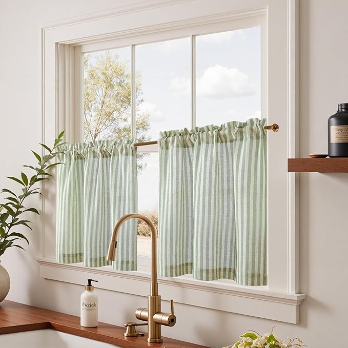 jinchan Striped Linen Kitchen Curtains 24 Inches Length Tier Curtains Farmhouse - Image 2