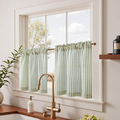 jinchan Striped Linen Kitchen Curtains 24 Inches Length Tier Curtains Farmhouse - Image 2