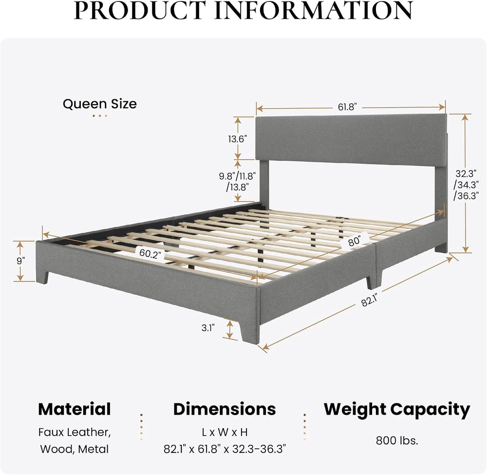 SHA CERLIN Linen Upholstered Queen Size Bed Frame with Headboard,Light Gray
