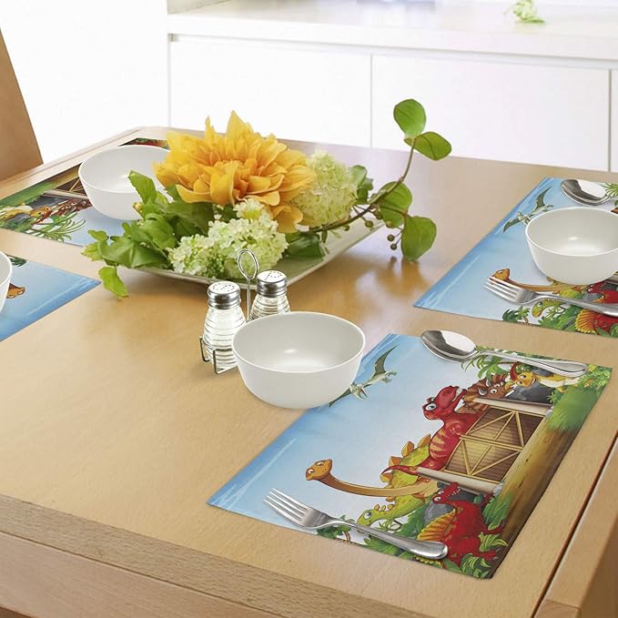 Ambesonne Dino Place Mats Set of 4, Cartoon Style Dinosaurs in a Dino Park - Image 4