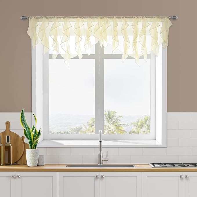 PearAge Ruffled Voile Semi Sheer Curtain Valance, Kitchen Living Room Shabby - Image 6