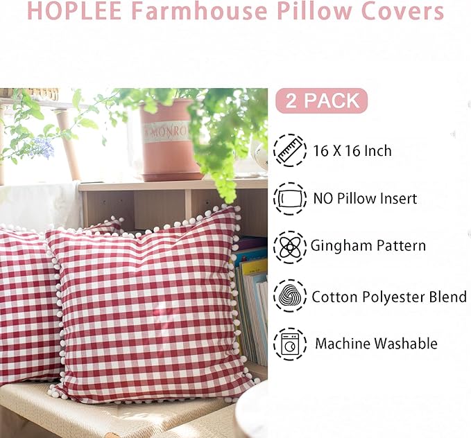HOPLEE Red Throw Pillow Covers Farmhouse Gingham Pillow Covers - Image 2