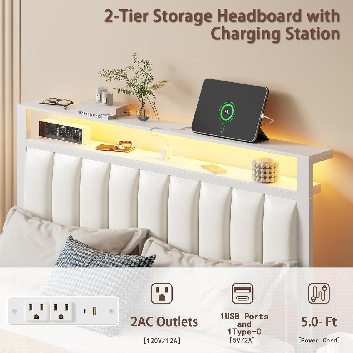 furnulem white full size bed frame with pu, side view