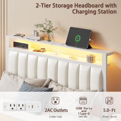 furnulem white full size bed frame with pu, side view
