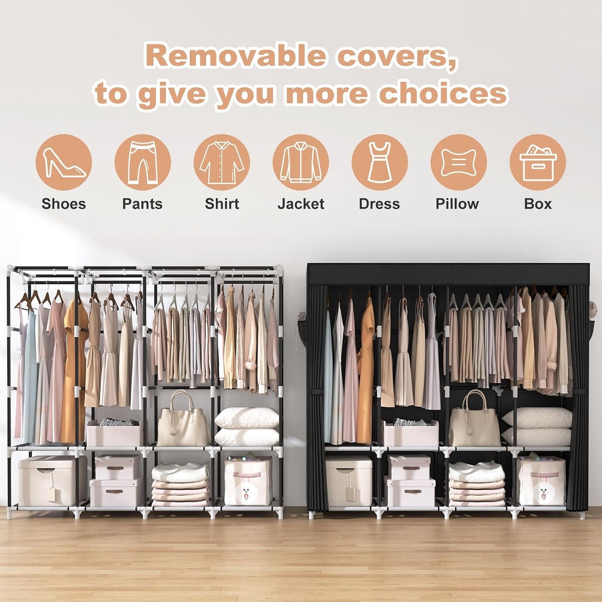 vtrin portable closet for hanging clothes 67 inch showing dimensions