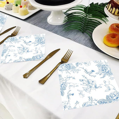 100 Pack Blue Floral Cocktail Napkins Blue and White Floral Toile Paper Napkins - Image 3