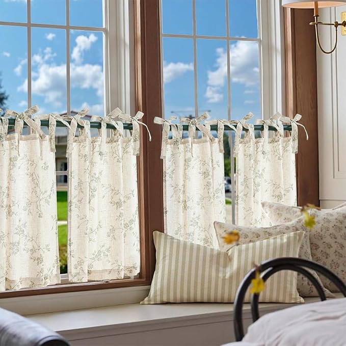 jinchan Floral Kitchen Curtains 24 Inch Linen Tier Curtains Christmas Decor - Image 2