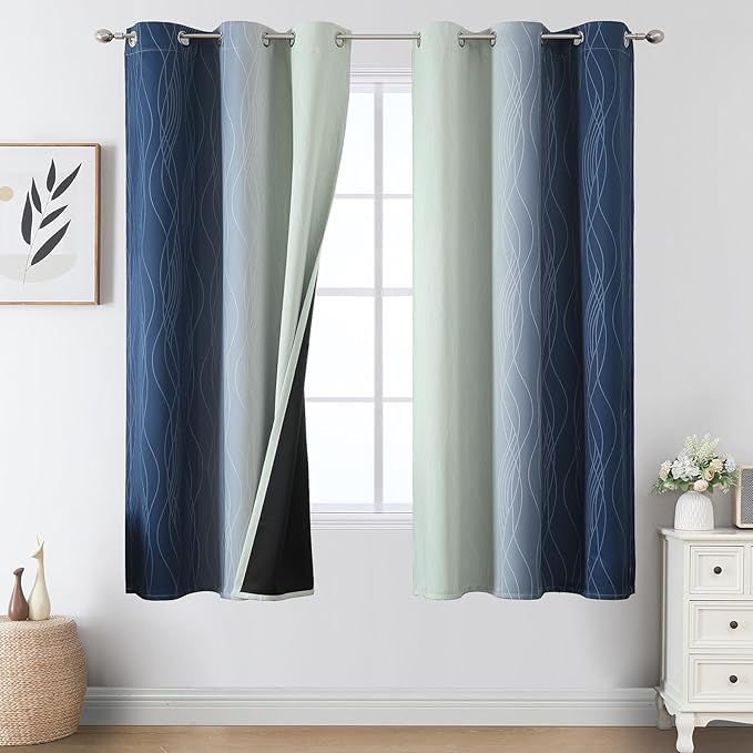 Estelar Textiler Navy Blue and Sage Green Ombre Blackout Curtains 63 Inches by ESTELARTEXTILER