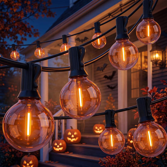 50FT G40 LED Halloween String Lights Outdoor, Orange Halloween Decorative Light with 27 LED Shatterproof Bulbs(2 Spare) Connectable Orange Outdoor Lights for Patio Balcony Backyard Pergola Decor
