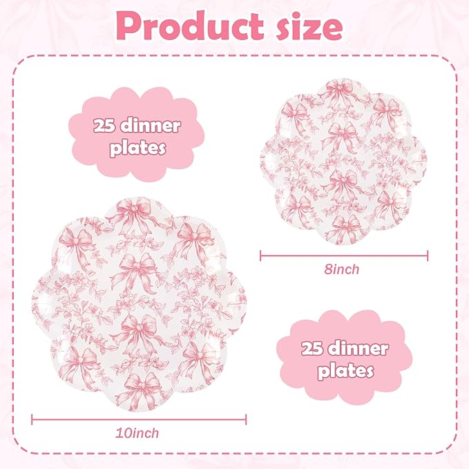 Quera 50 Pcs Pink Bow Paper Plates Coquette Party Supplies Pink Floral - Image 2
