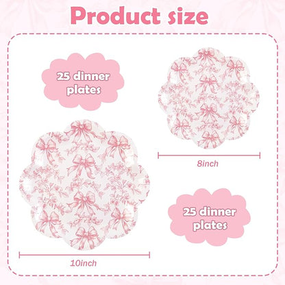 Quera 50 Pcs Pink Bow Paper Plates Coquette Party Supplies Pink Floral - Image 2