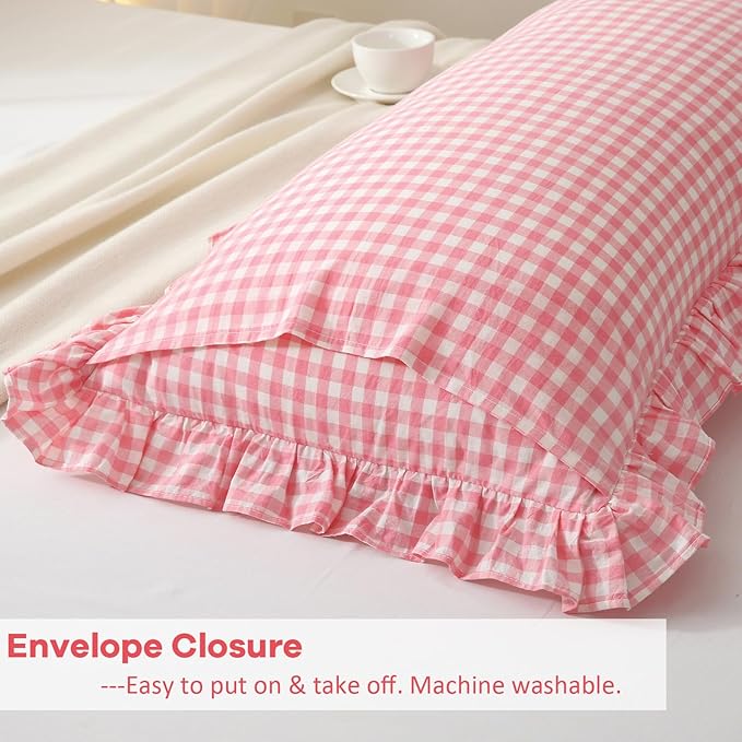 Coral Pink White Plaid Ruffled Gingham Body Pillow Cover, 100% Washed Cotton - Image 5