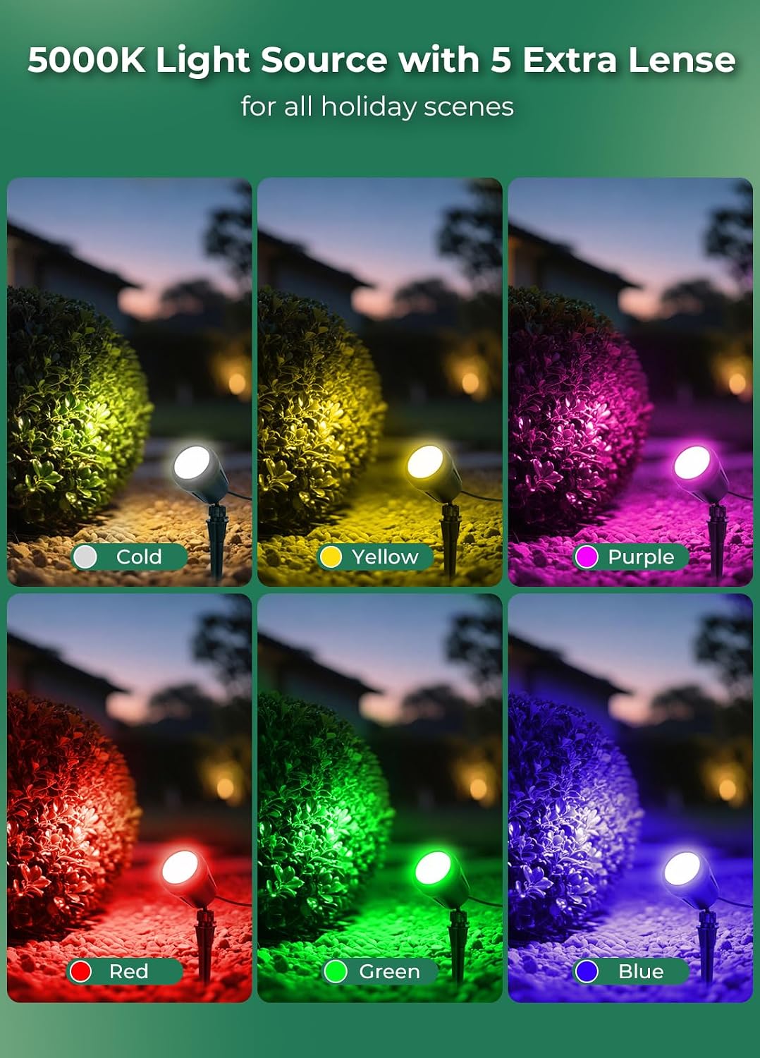Christmas Spotlights Outdoor, 120V Plug-in Halloween Spot Light, 5000K LED Landscape Lighting with 5 Color Lenses (Red Green Blue Purple Yellow), IP67 Waterproof, 4 Pack
