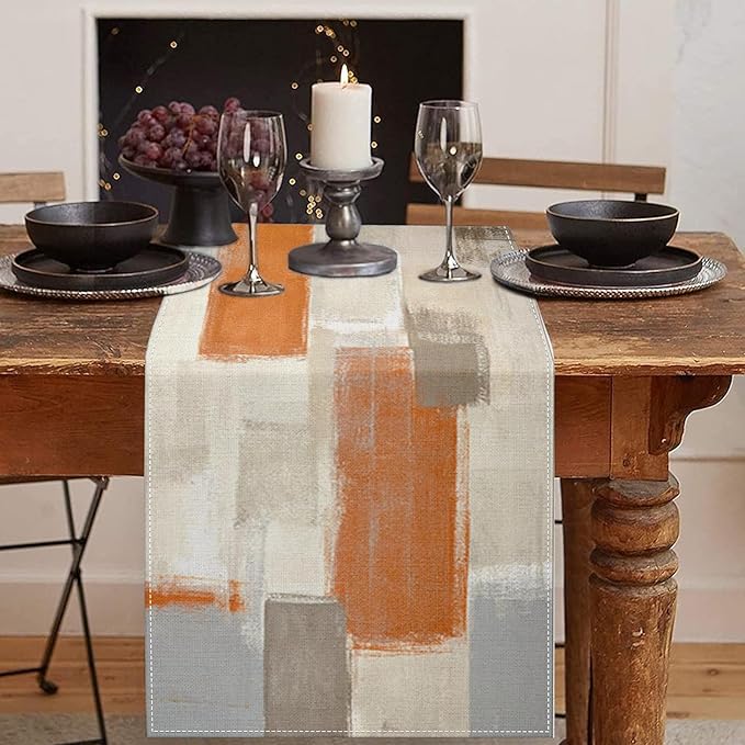 Emvency Farmhouse Table Runner, Modern Orange and White Abstract Art Painting by Emvency