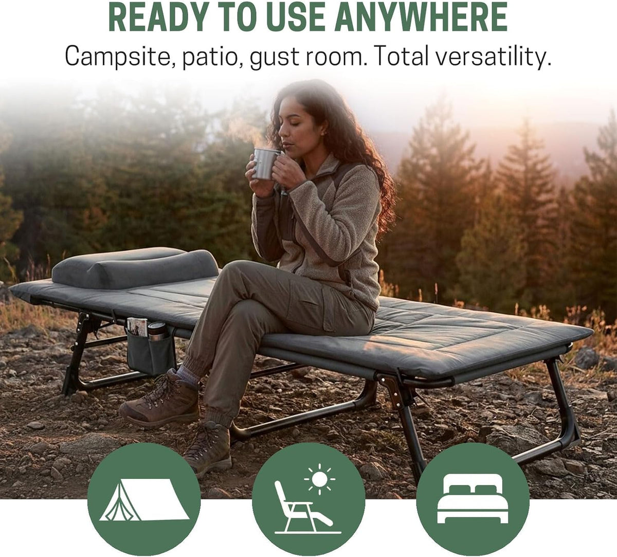 mopaicot camping cots for adults, camping lounge chair, front angle view