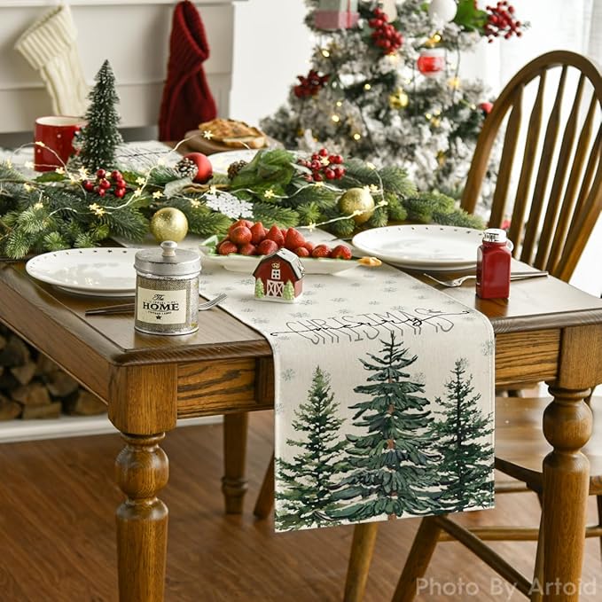 Artoid Mode Beige Pine Tree Snowflake Merry Christmas Table Runner, Seasonal - Image 2