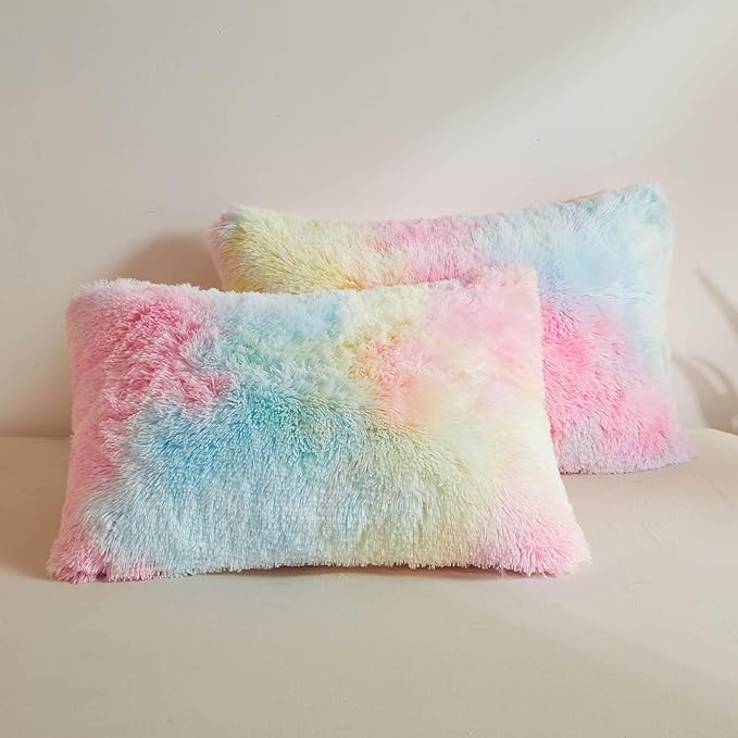 XeGe Rainbow Faux Fur Fluffy Throw Pillow Cases, Plush Shaggy Soft Furry by XeGe