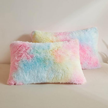 XeGe Rainbow Faux Fur Fluffy Throw Pillow Cases, Plush Shaggy Soft Furry by XeGe