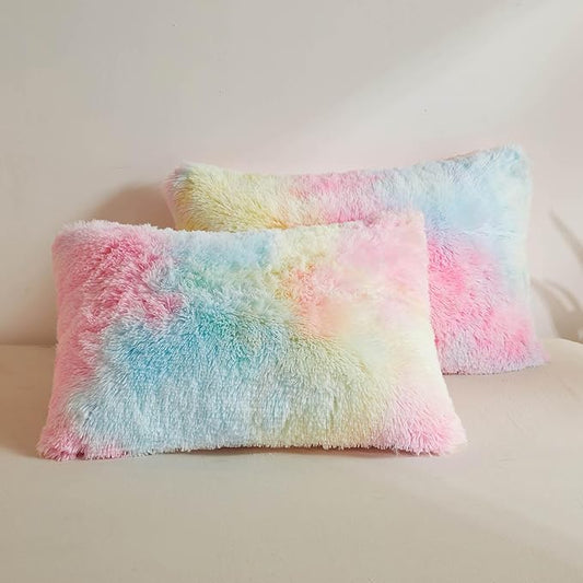 XeGe Rainbow Faux Fur Fluffy Throw Pillow Cases, Plush Shaggy Soft Furry by XeGe