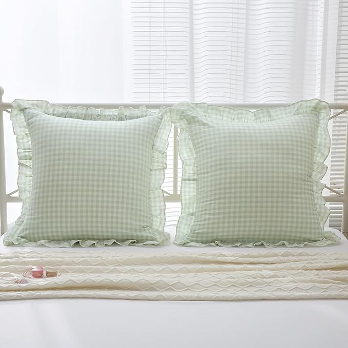 2 Pack Pile Green White Plaid Ruffle Gingham Euro Shams Pillow Covers, 100% - Image 7