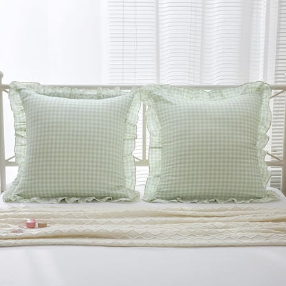 2 Pack Pile Green White Plaid Ruffle Gingham Euro Shams Pillow Covers, 100% - Image 7