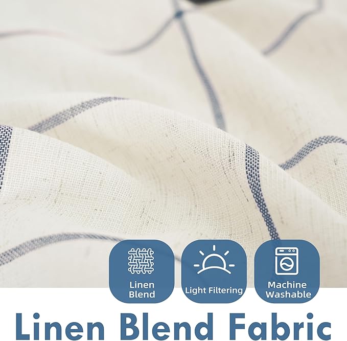 DriftAway Kitchen Curtains Striped Tier Linen Short Curtains Windowpane Plaid - Image 2