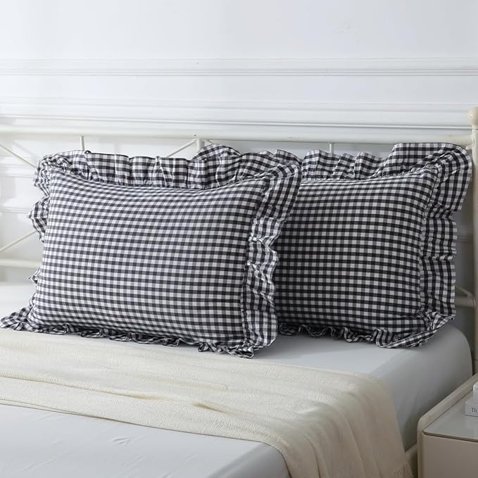 Black/White Plaid Ruffle Pillow Shams King Size Set of 2, Checkered Washed - Image 2