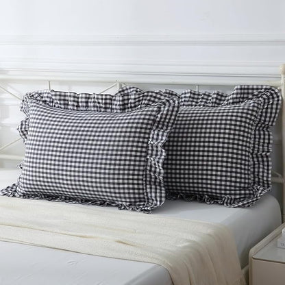 Black/White Plaid Ruffle Pillow Shams Standard Size Set of 2, Checkered Washed - Image 7
