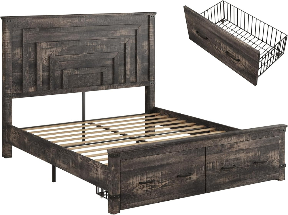 AMERLIFE Full Bed Frame with 54" Headboard & Storage, Black Oak