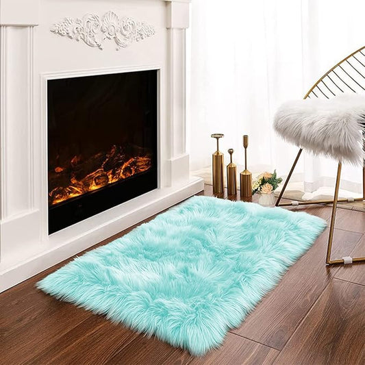 Latepis Light Blue Small Fluffy Rugs 2x3 Teal Faux Sheepskin Fur Rug by Latepis
