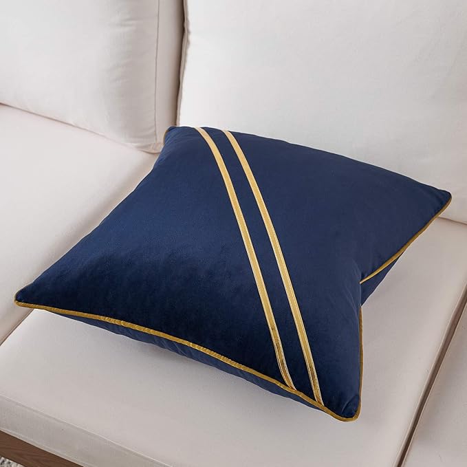 Avigers 20 x 20 Inch Navy Blue Gold Leather Striped Lines Velvet Cushion Case - Image 3