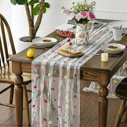 Artoid Mode 6PCS Embroidery Daisy Gauze Table Runner 120 Inch 10FT, Seasonal - Image 5