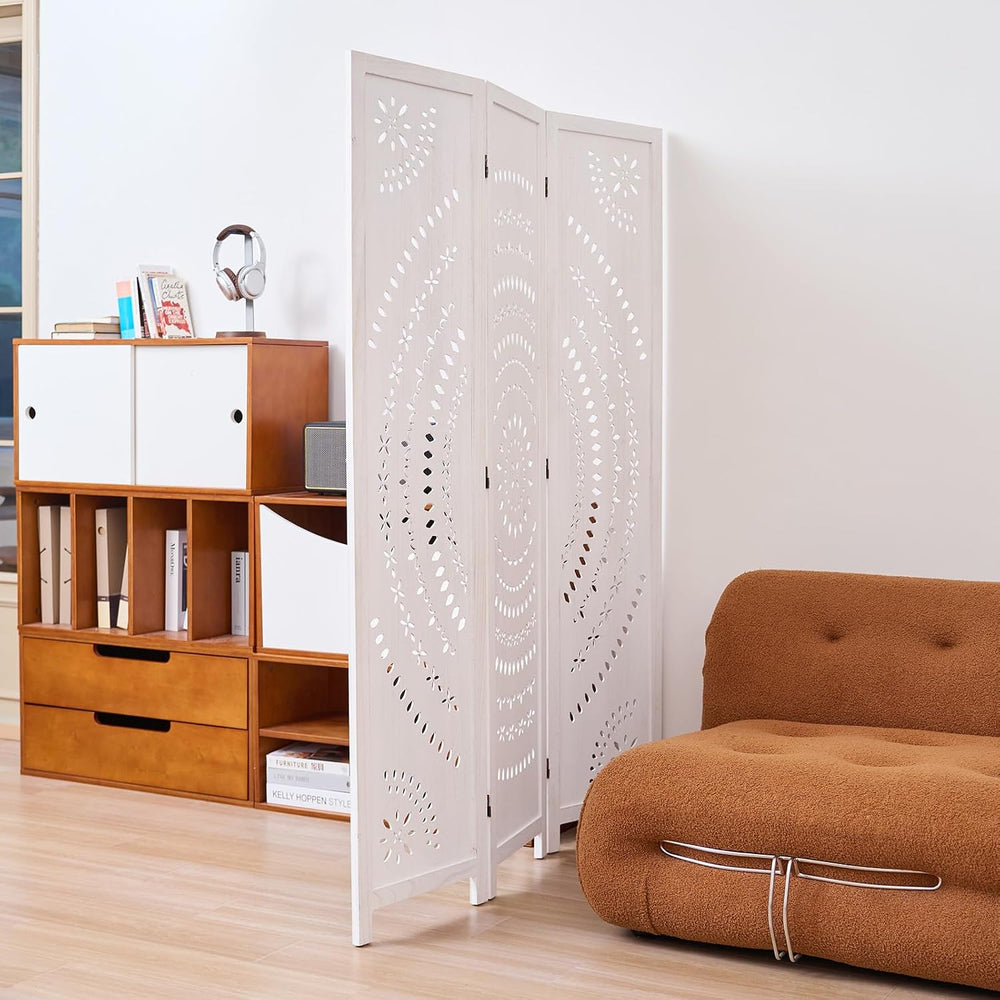 66.9Inch Folding Room Divider, 3 Panels Wood Carved Privacy Screens, Free Ass...