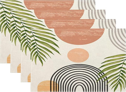 Mid Century Placemats Set of 4, Boho Abstact Sunset Leaf Stripe Decorative by Sunshineyan