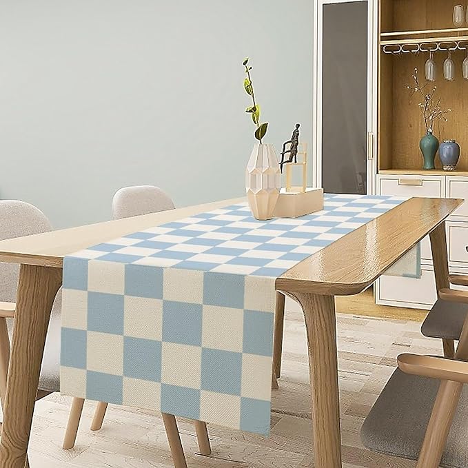 Checkered Table Runner, Retro 70s Blue Buffalo Check Table Runners - Image 3